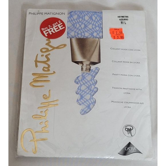 Vintage Philipe Matignon Fashion Pantyhose Fishnet Patterned Tights Blue New - Picture 1 of 8